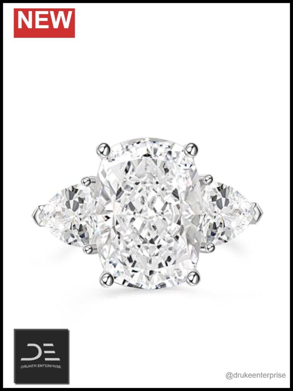 Three Stone Engagement Ring Sterling Silver CZ Halo